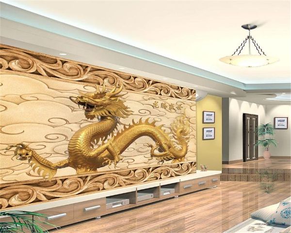 Carta da parati 3D per pareti Carta da parati di lusso con decorazione d'interni atmosferica di buon auspicio del drago dorato d'oro