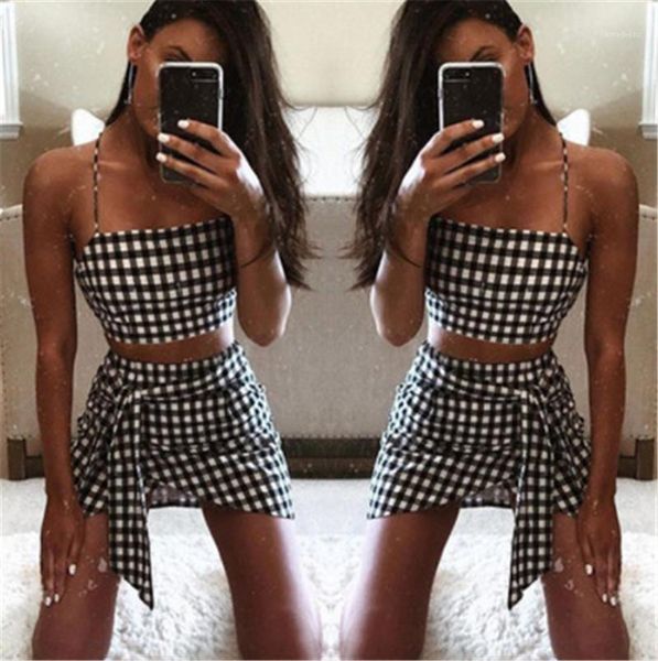 

от плеча tank лето два piece set бинты gingham мини юбка спортивные костюмы женская мода checkerboard набор bodycon юбка повседневная crop t, Gray