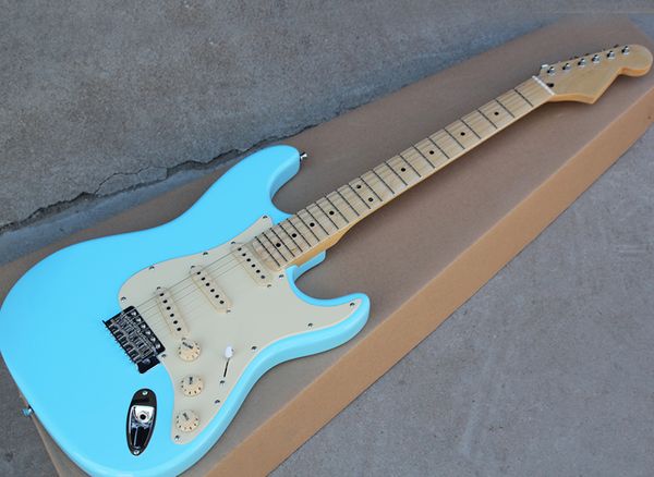 

factory wholesale sky blue electric guitar with maple fretboard,cream pickguard/pickups/knobs,can be customized as request