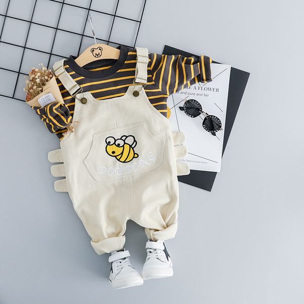 

spring baby boy clothes set newborn long sleeve striped t-shirt+cartoon overalls 2pcs cotton baby outfit brand toddler kids suit, White