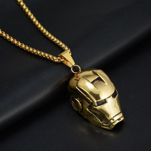 

helmet super hero stainless steel punk gold color pendant steel helmet black eyes skull pendant necklace for men jewelry, Silver