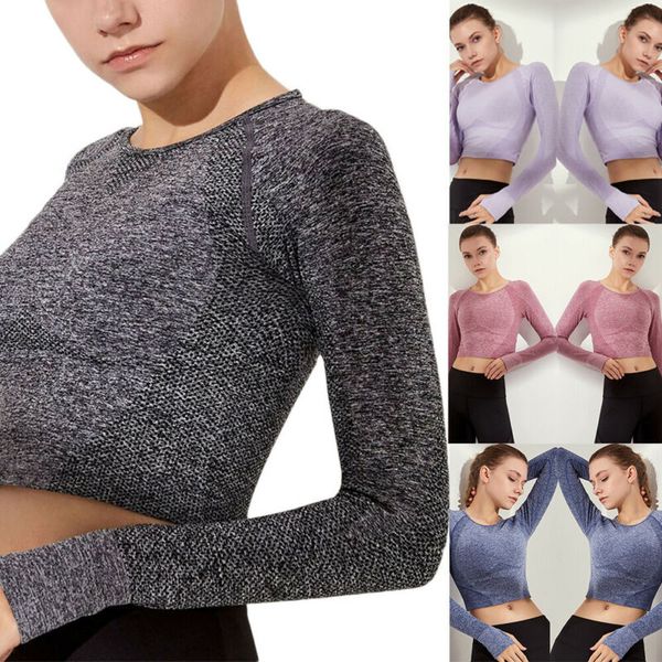 

женские рубашки моды бесшовные спортивный зал crop йога tops тренировки фитнес с длинным рукавом спортивная, White;red