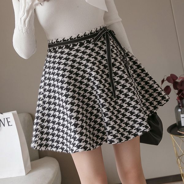 

teiwr bird plaid en a- line dress winter a- line dress wool wool skirt new 2019 high waist skirt autumn and winter women's all-match ou, Black