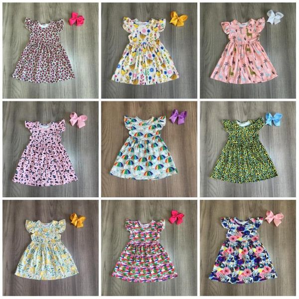 

exclusive summer baby girls children clothes boutique leopard flower farm dinosaur cotton milk silk knee length dress match bow, White