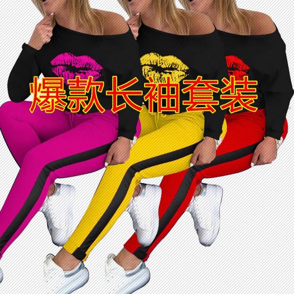 

w8306 amazon independent station womens supply fashion casual long-sleeved lip print set two-piece set, Gray