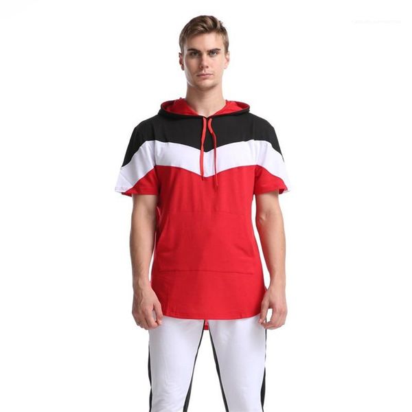 

mens designer tshirts sport geometric color block hooded patchwork summer mens tees short sleeve drawstring summer casual, White;black