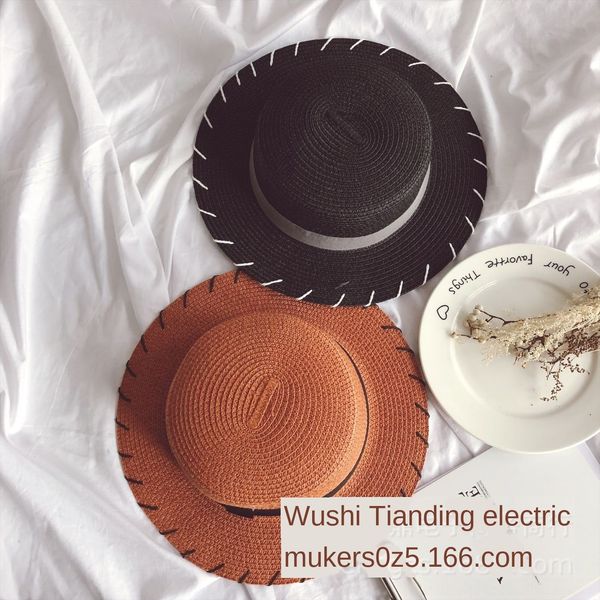 

personalized big edge color line edge solid color children's flat straw summer travel beach cap baby cap straw baby hat sun hat, Blue;gray