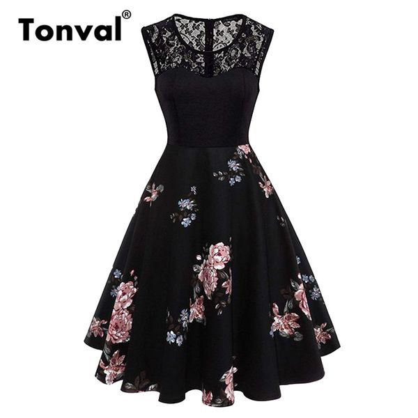 

tonval a line peony flower plus size vintage dress women contrast lace elegant summer ladies dresses retro party black dress, Black;gray