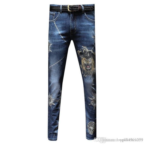 

autumn 2020 new jeans a men's personality trend laser printing handsome feet trousers casual men's jeans size 28-34 men's jea, Blue
