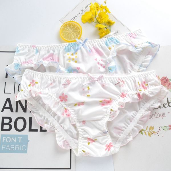 

cute ruffled girls panties japanese cartoon print loli lingerie milk silk underwear for women, Black;pink