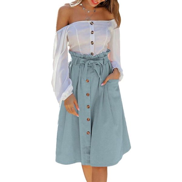 

women stylish pocket solid color skirt summer fashion button decoration skirt for ladies girls, Black
