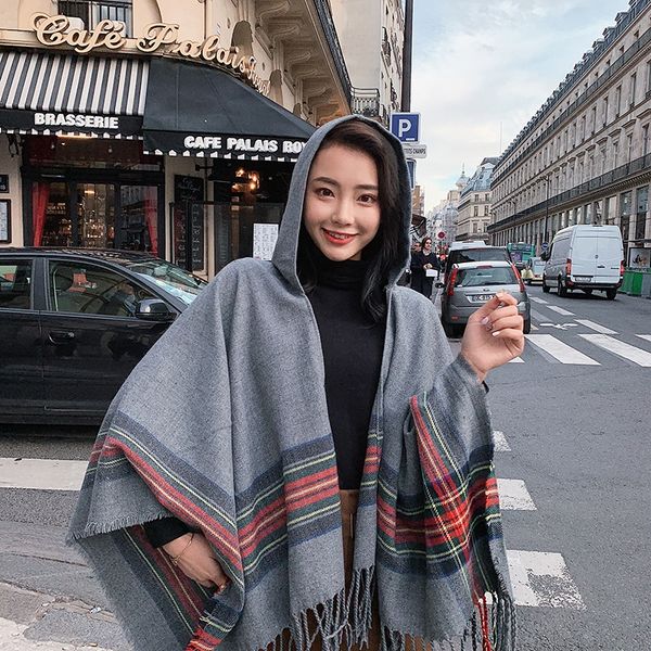 

korean style thickened split shawl hat season travel warm scarf cloak long warm scarf women all-match air conditioning cloak, Blue;gray