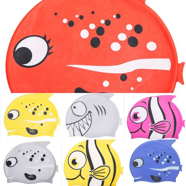 

fashion silicone ear protection fish diving children's swimming cap cute printed silicone swimming waterproof cap