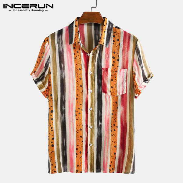 

men's casual shirts incerun men hawaiian shirt striped loose short sleeve streetwear lapel beach blouse 2021 fashion breathable camisa, White;black