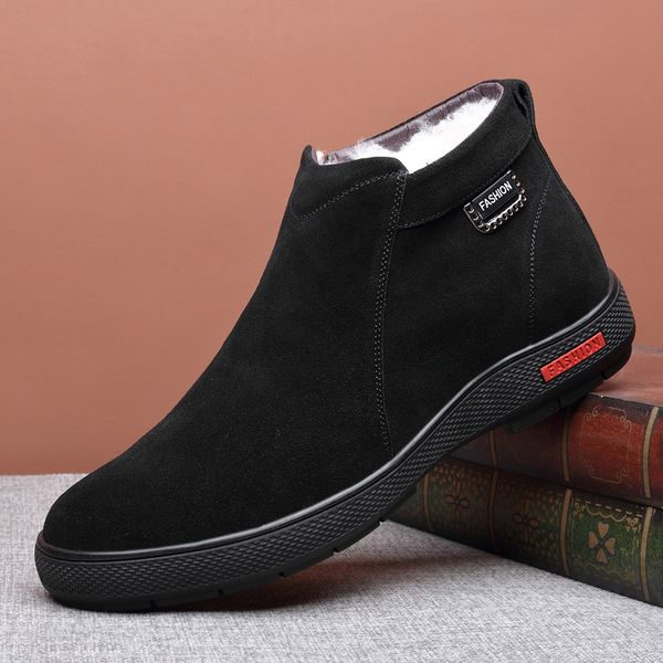 

brand new men suede leather boots winter men's cotton-padded shoes pure wool warm male non-slip casual shoes m9855, Black