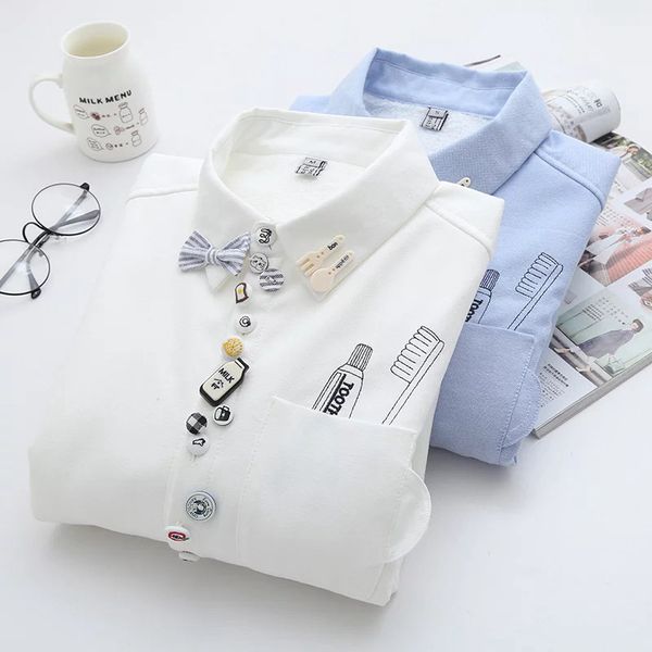 

sweet bow knot multi-button embroidery plus velvet shirt girl thick long-sleeved shirt warm women, White