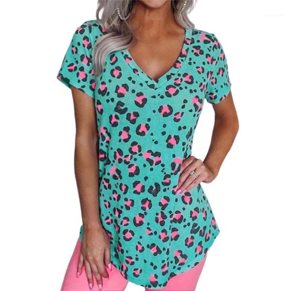 

тройник женщин дизайнер leopard tshirts мода коротким рукавом зеленый женщин v шеи top summer ladies сыпучие, White