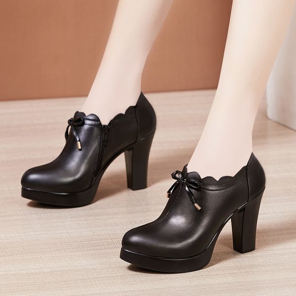 

plus size 32-43 deep mouth block heel pumps women shoes 2020 fall winter high heels shoes ladies office platform leather, Black