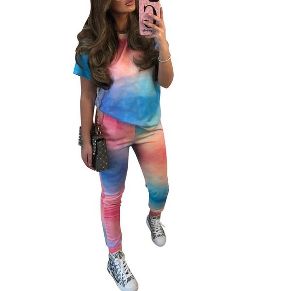 

gym clothing 2021 women casual tie-dye clothes set female short sleeve round neck +pants fitness sportwear outfits, White;black