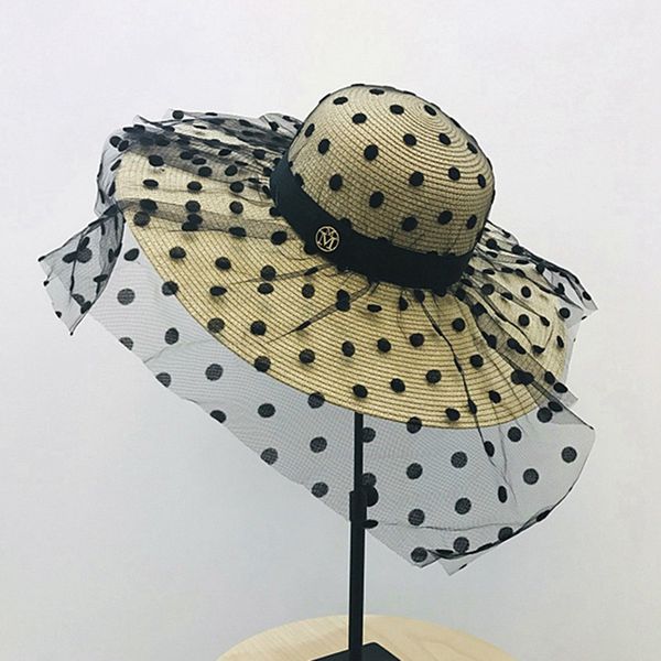 

new dot mesh sun hat big brim ladies summer straw hat youth hats for women elegant sun hats beach cap, Blue;gray