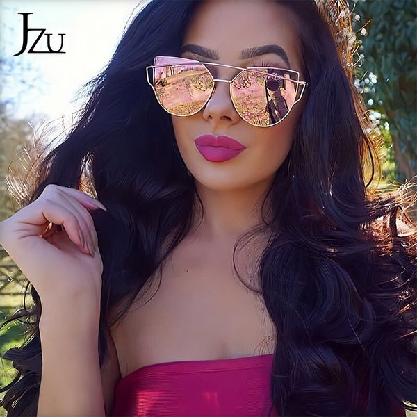 

jzu cat eye brand sunglasses women designer mirror flat rose gold vintage metal reflective sunglasses women female oculos gafas, White;black