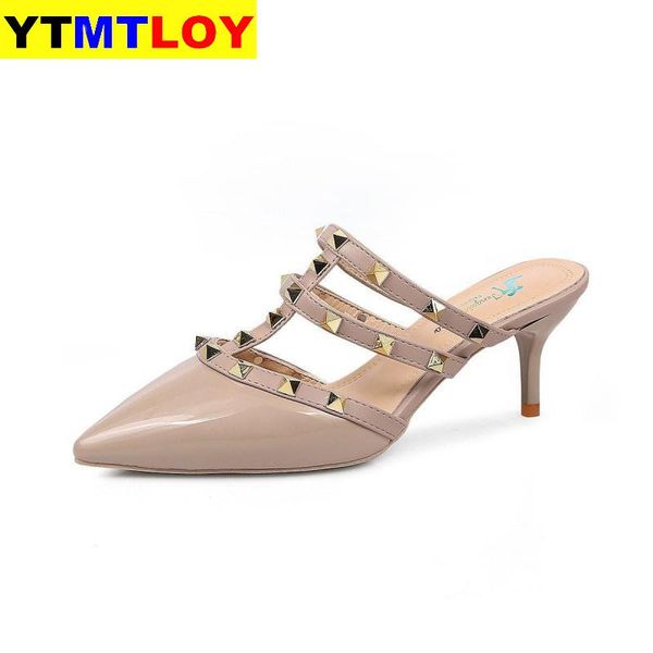 

new fashion summer female sandals rivet metal decoration leather pointed toe shallow mouth women high heels slipper size 34-39, Black