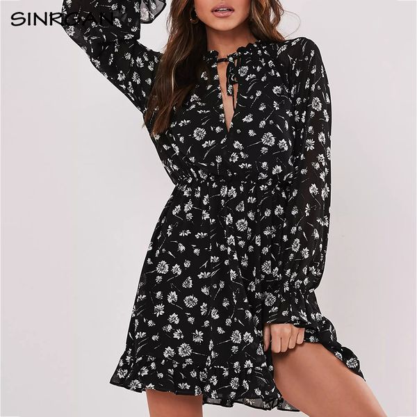 

sinrgan petite black foral print frill plunge smock dress women spring summer v neck mini dress chiffon soft female vestid, Black;gray