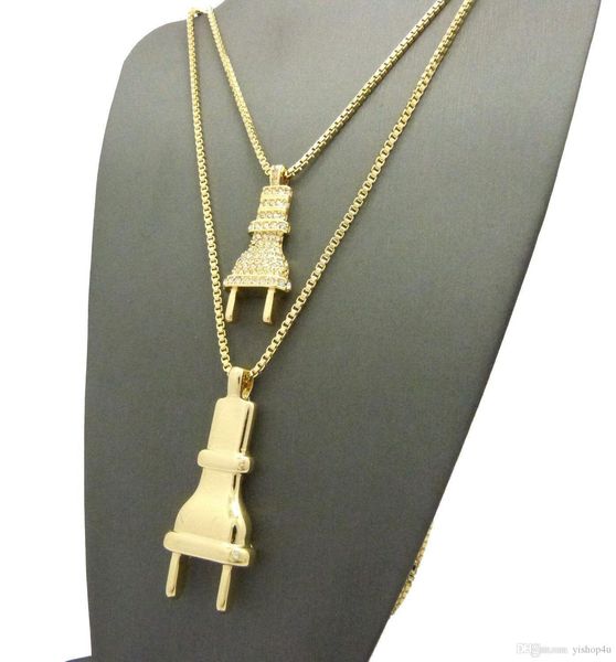 

men iced out 14k gold plated electric plug cz pendant 3mm 24", 30" box chain cuban chain rope 2pcs jewelry set, Silver