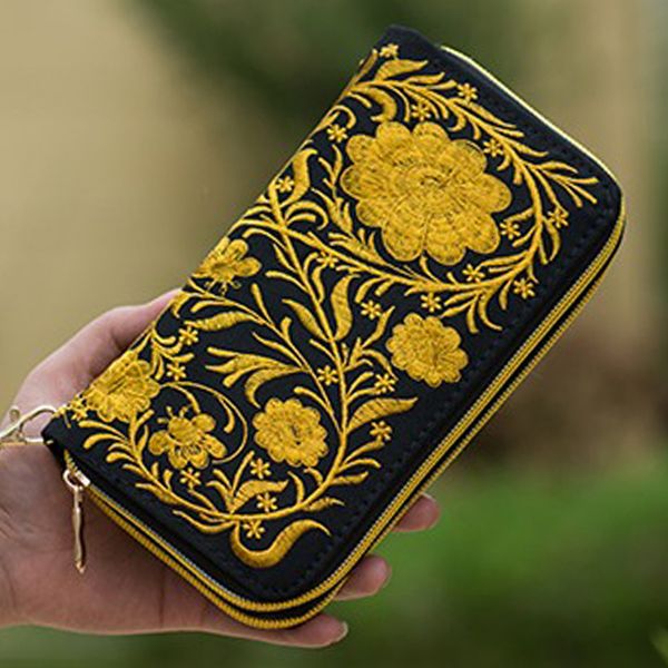 

double zipper национального boho индийского тайские вышитый бумажник держатель сцепление сумка цветочного длинный дизайн холст national tren, Red;black
