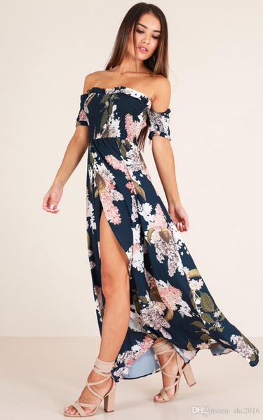 

women dress slash neck sling short sleeve pleated lady flower print skirt casual high bodycon waist beach long dresses size s-xl d3, Black;gray