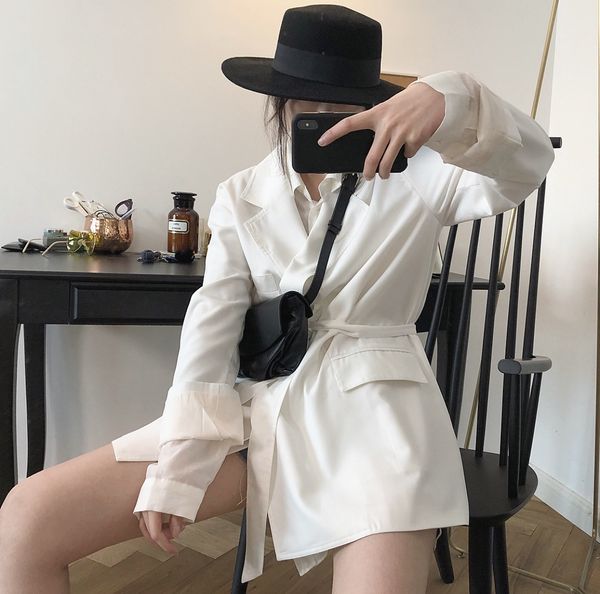 

lufu early autumn new korean elegant simple lapel small suit loose casual internet celebrity coat mid-length thin coat for women, White;black