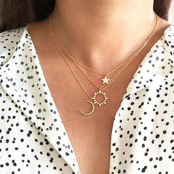 

pendant necklace sun star moon shape pendant crystal setting metal chain gold color plated women girls party gift, Silver