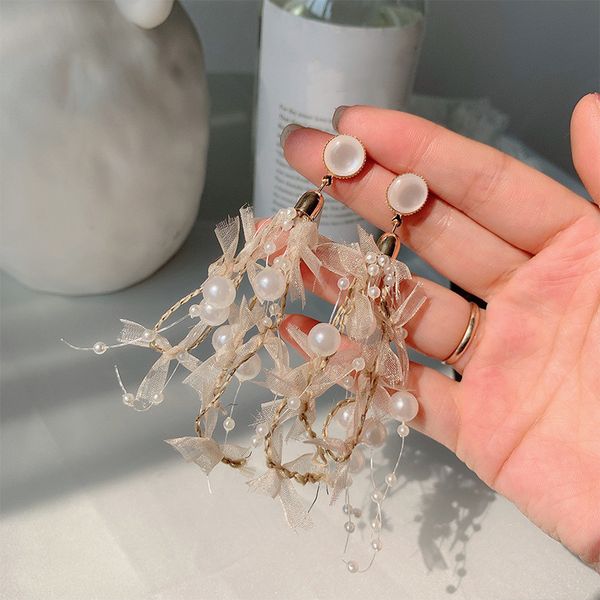 

dominated 2020 pearl long tassels temperament exaggerated fashion fresh joker women drop earrings, Silver