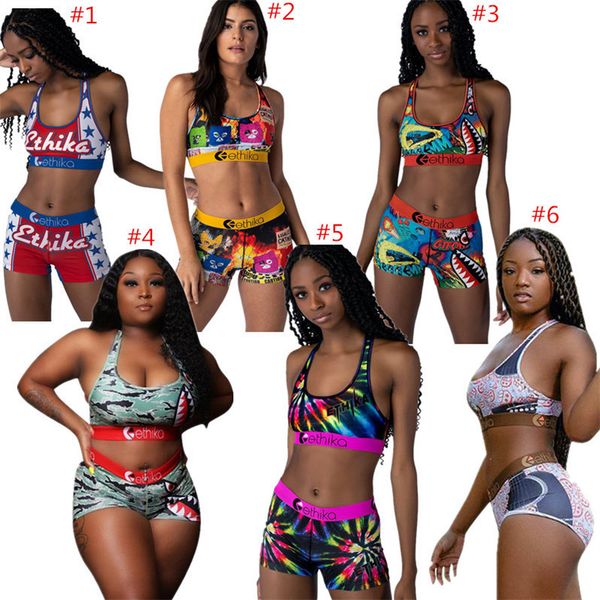 

fashion women swimsuit shark animal print tracksuit summer push up bra vest + shorts two piece outfits quick dry swimwear girls sportswear, Blue