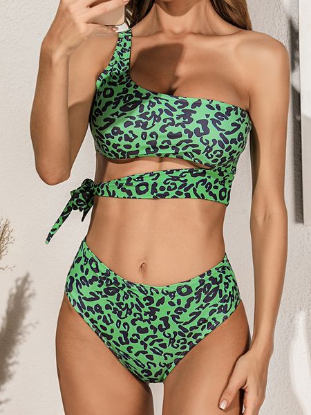 

2020 green leopard print single bikini bikiniswimsuit bikinishoulder strap bikini high waist animal leopard print split swimsuit, Black