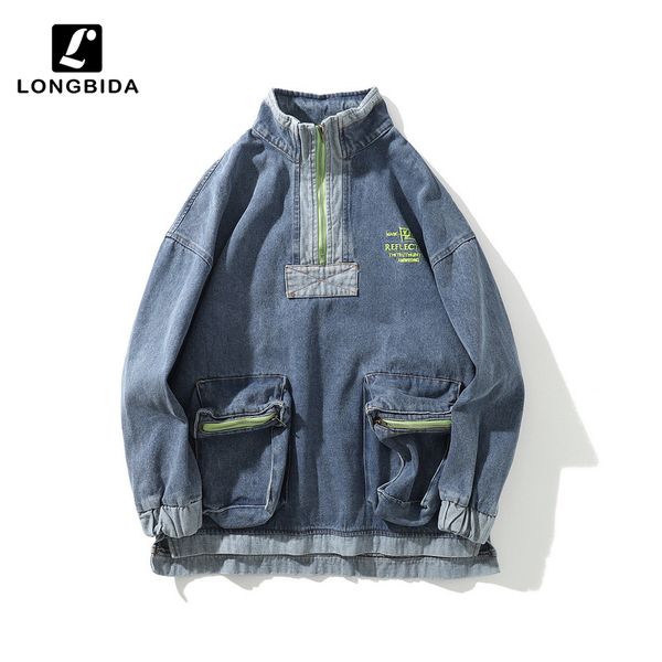 

turtleneck pullover retro denim jacket men women hip hop loose harajuku big pocket men jeans jackets, Black;brown