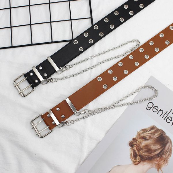 

women's hip-hop wide belt iron ring chain double exhaust eyelet belt student fashion decorative, Black;brown