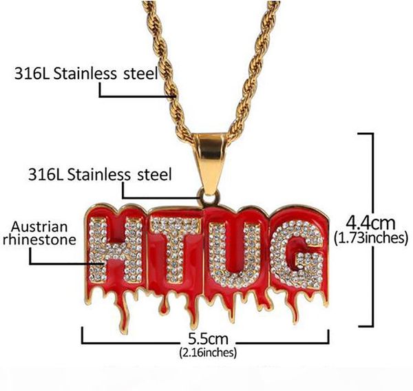 

f iced out red lava htug pendant necklace 18k gold plated 316l stainless steel pendant with 3mm 24inch rope chain, Silver