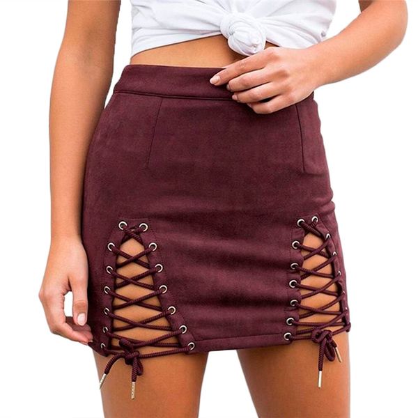 

women ladies summer bandage bodycon suede mini skirt fashion high waist casual hollow out pencil short mini skirt, Black