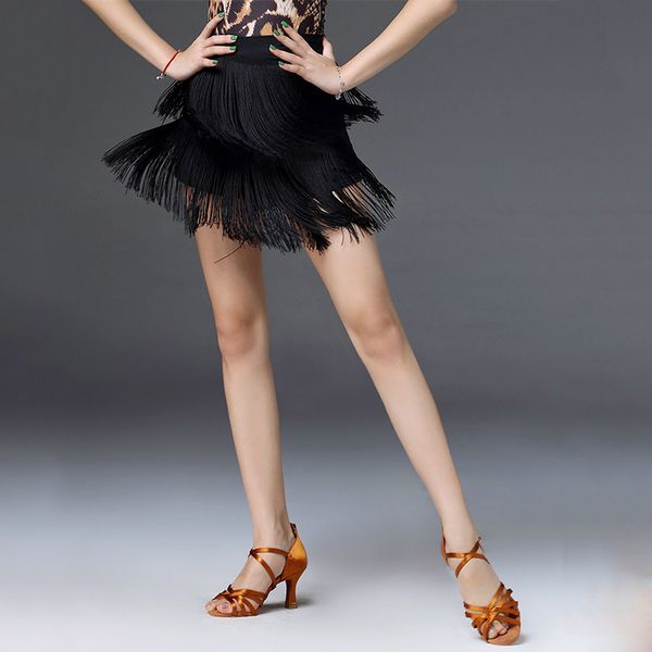

stage wear latin dance skirts girls black tassel hip scarf skirt dancing practice rumba salsa cha samba performance dn6235, Black;red