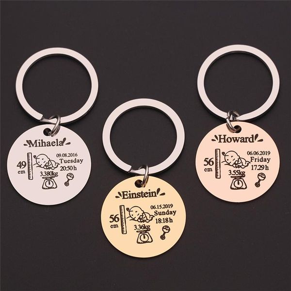 

round baby keychain personalized name date of birth weight time height for newborn commemorate exclusive key ring charm gifts, Slivery;golden