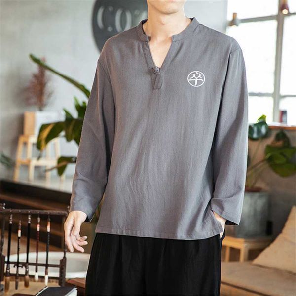 

men's casual shirts cotton linen men long-sleeved bottoming shirt chinese style large size loose v-neck 2021 arrival male, White;black