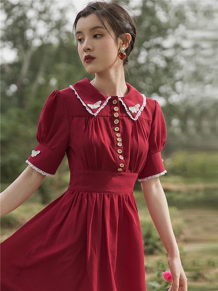 

french court girl platycodon grandiflorum red chiffon waist slimming dress dress temperament mid-length women, Black;gray