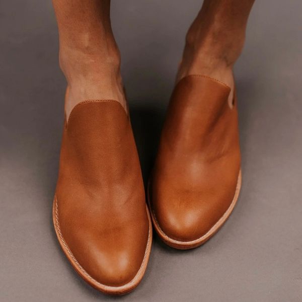 

slippers women pu leather mules shoes chunky heels vintage ladies sandals casual round toe female pumps platform outdoor slides, Black