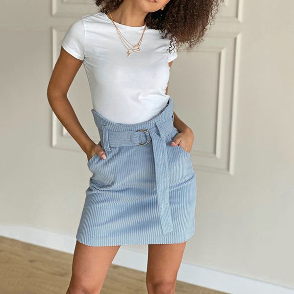 

casual rib knit slim wrap hip skirts fashion high waist solid mini skirts summer ladies patchwork pocket belt short skirts, Black