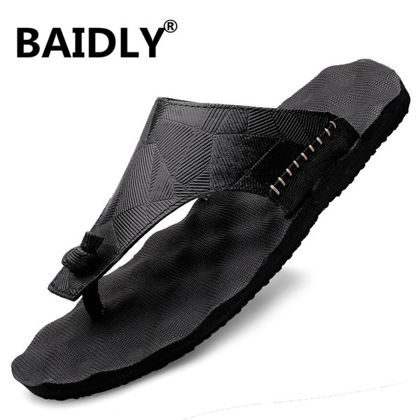 

genuine leather shoes men fashion men flip flops trendy anti-slip cow leather men's casual shoes classic massage beach slippers, Black