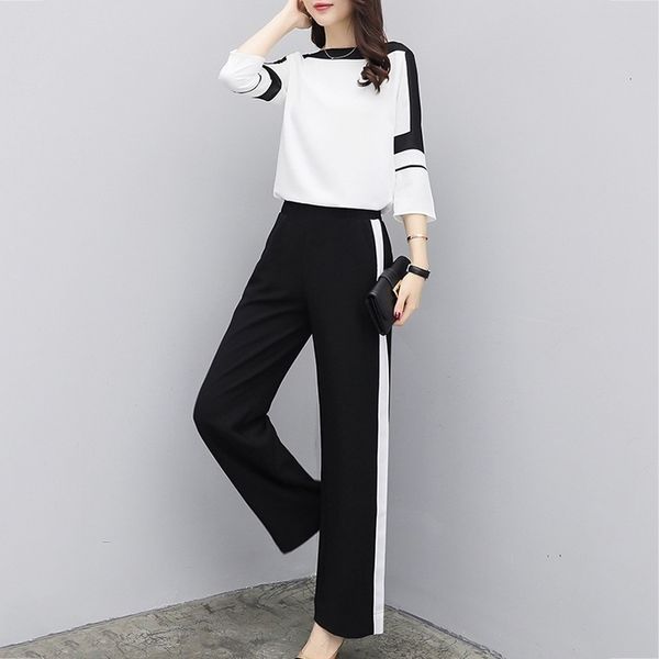 

women's suit elegant office fashion tracksuit long sleeve +wide leg pants trousers 2 piece set black white casual suits, Gray