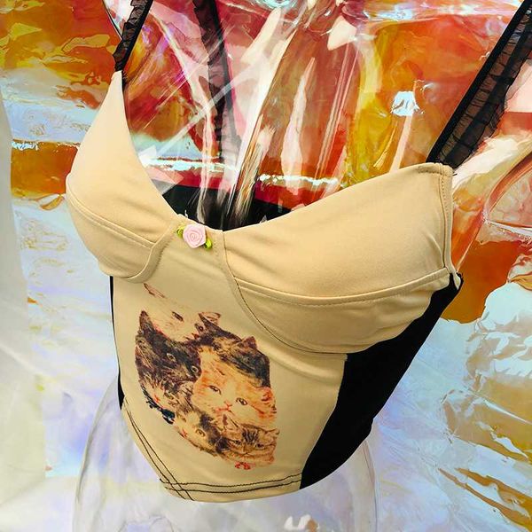 

allneon e-girl cat graphic front lace spaghetti strap crop vintage patchwork backless party cute kawaii y2k outfits, White