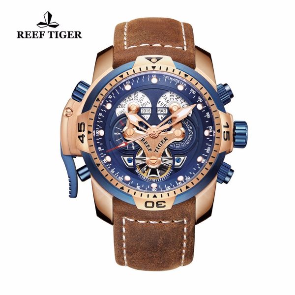 

reef tiger / rt top brand мужские спортивные часы с календарем синий циферблат коричневый кожаный ремешок часы rga3503, Silver