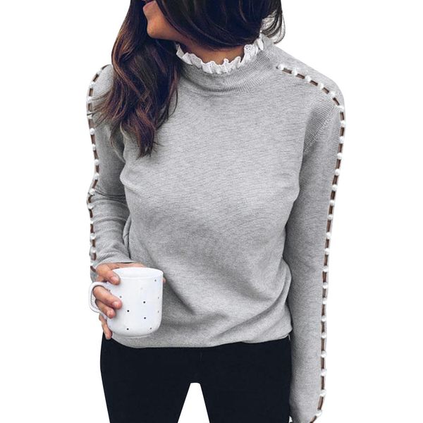 

patchwork hollow out design lace turtleneck pearl women t-shirt autumn winter casual long sleeve streetwear ladies
